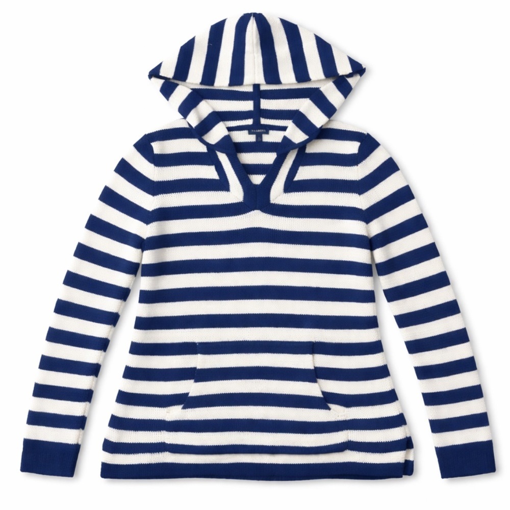 Talbots Hooded Sweater Large Navy White Kangaroo Pocket Texture Knit Nautical